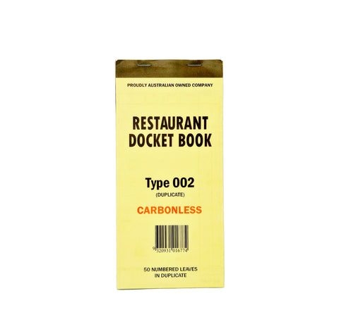 Duplicate carbonless Yellow restaurant docket book with black text on a white background