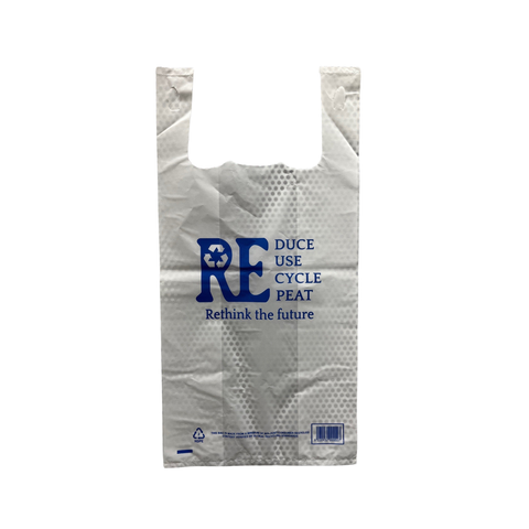 Medium White plastic singlet bag with recycling message on a white background