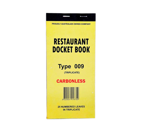 Triplicate large carbonless Yellow restaurant docket book with black text on a white background