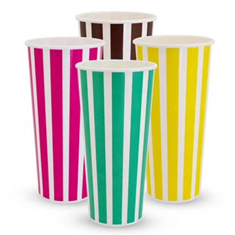 Four colourful striped milkshake paper cups on a white background