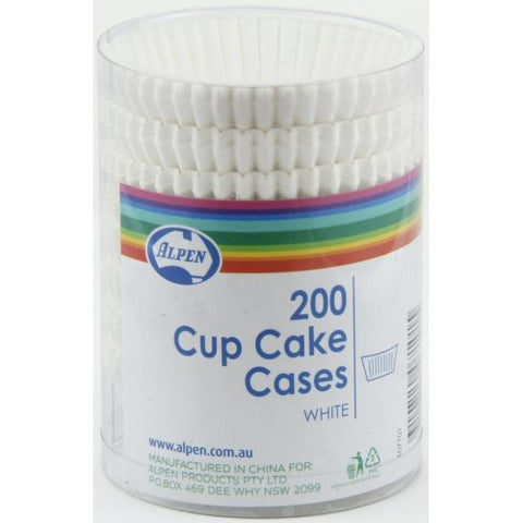Container of white cupcake cases with Alpen branding on a white background
