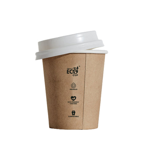 Brown paper takeaway coffee cup with a white lid on a white background, featuring 'Truly Eco Cup' branding.