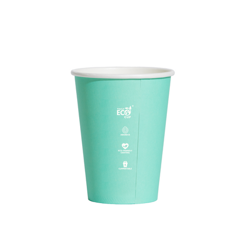 12oz Turquoise paper cup with 'ECO' branding on a white background