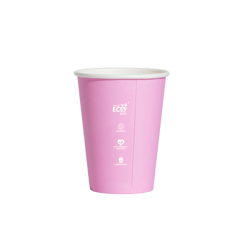 12oz Pink paper cup with a white logo on a white background