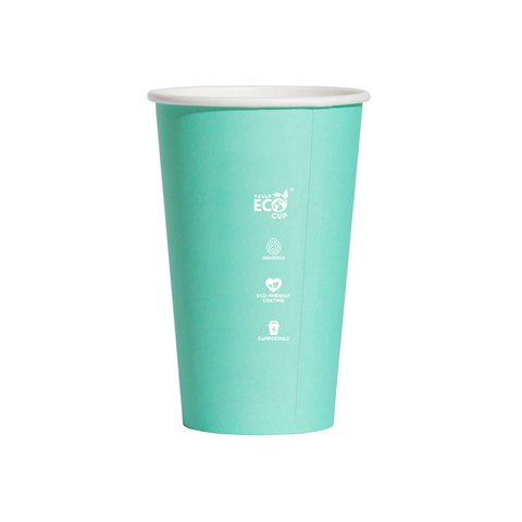 16oz Turquoise paper cup with 'Eco Cup' branding on a white background