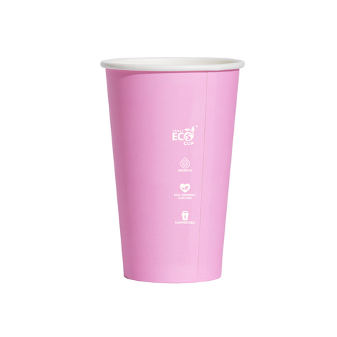 16oz Pink paper cup with 'Eco Cup' branding on a white background