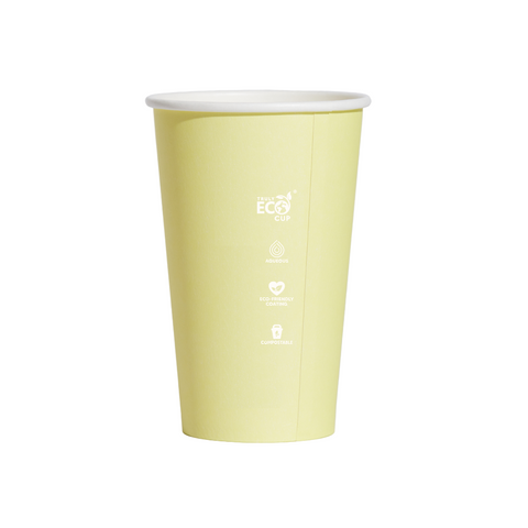 16oz Yellow paper cup with eco-friendly logo on a white background