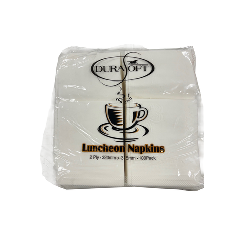 White M-fold 2 ply lunch napkin Pack with DuraSoft branding on a white background