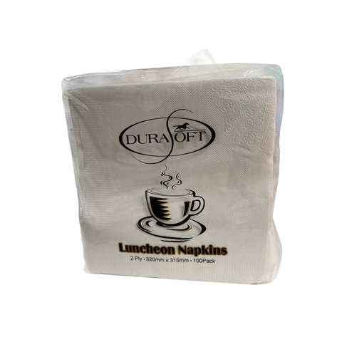 Pack of DuraSoft 2 ply qtr fold luncheon napkins with branding and product details on a white background
