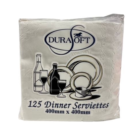White 2 ply Qtr Fold dinner napkin Pack with  DuraSoft branding on a white background