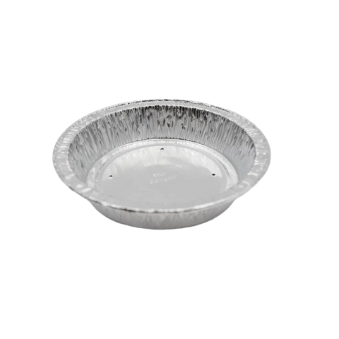 Aluminium foil pie plate on a white background