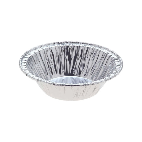 Aluminium foil pie plate on a white background