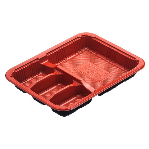 Red Bento or Sushi food container with 4 compartments on a white background