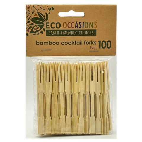 Pack of bamboo cocktail forks with 'Eco Occasions' packaging on a white background