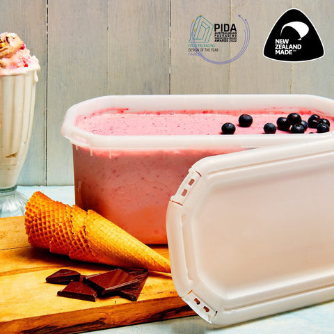 5L Tamper Evident Ice Cream containers with PIDA Awards logo and New Zealand Made logo