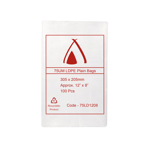 Bag of white LDPE bags with red text and logo on a white background