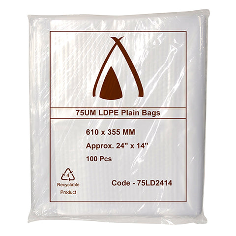 Pack of 75UM LDPE plain bags with dimensions and recycling information on a white background
