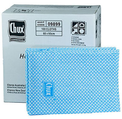 Blue cleaning cloth with Chux branding next to a box of Chux cloths.