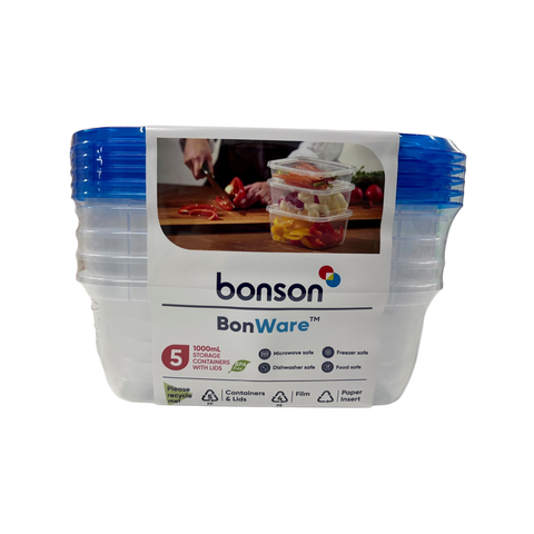 Bonson BonWare 1000ml food storage containers set of 5 with blue lids on a white background