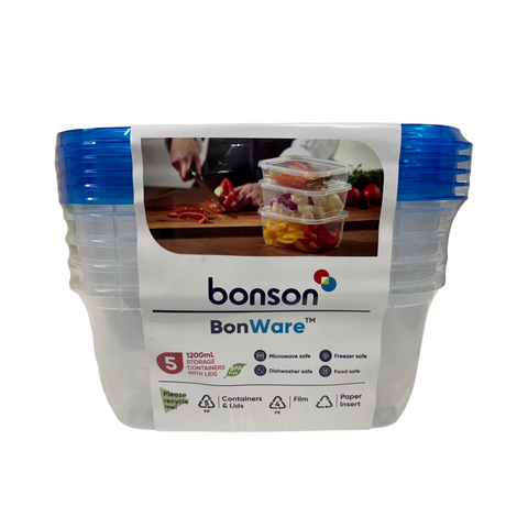 Bonson BonWare 1200ml food storage containers set of 5 with blue lids on a white background