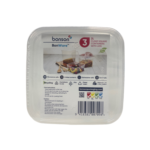 Bonson BonWare 2L food storage containers set of 3 with clear lids on a white background