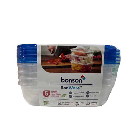 Bonson BonWare 700ml food storage containers set of 5 with blue lids on a white background