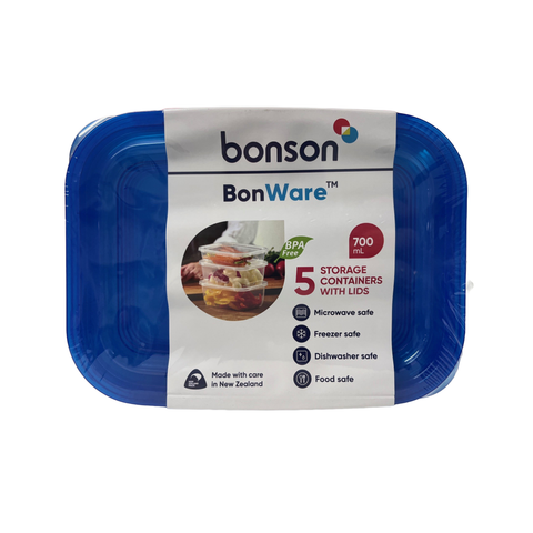 Bonson BonWare 700ml food storage containers set of 5 with blue lids on a white background