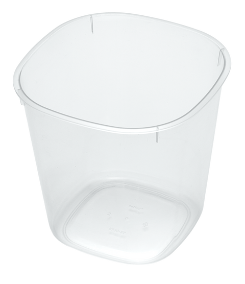 Clear RePlay Returnable plastic reusable polypropylene container on a white background