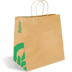 Brown paper bag with green logo on a white background