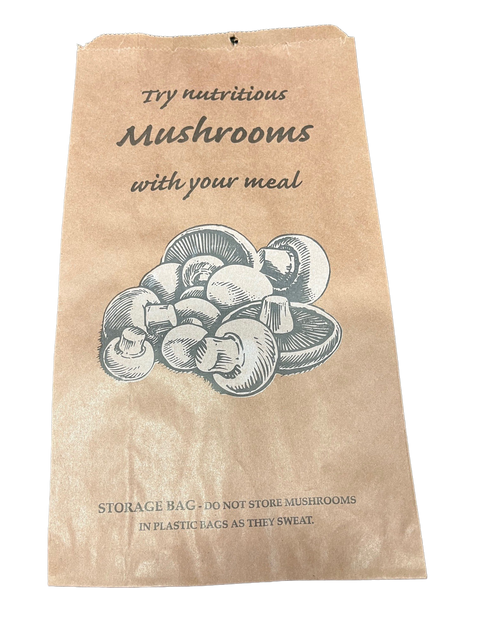 Brown paper mushroom storage bag with mushroom illustration and text on a white background