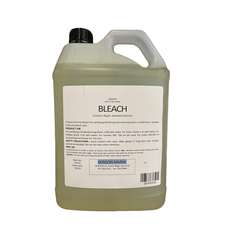 Bonson 5L Bleach container with product use label on a white background
