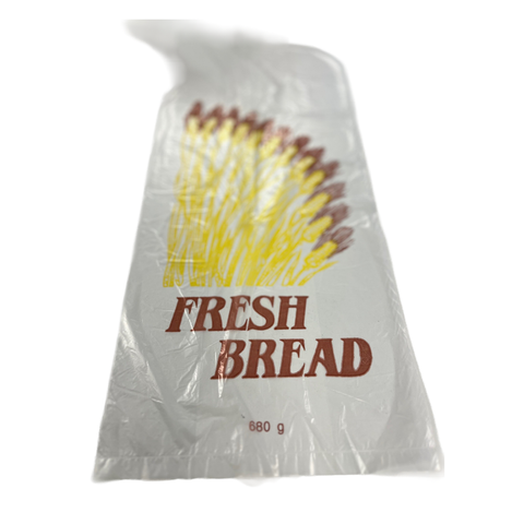 Clear plastic bag with 'Fresh Bread' 680g text and wheat design on a white background