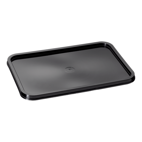 Black plastic lid for small takeaway containers on a white background