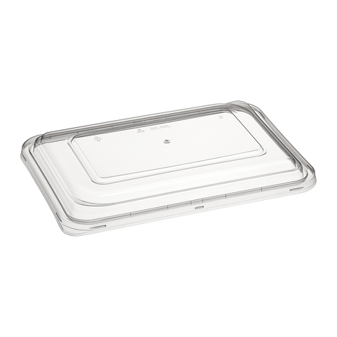Clear plastic raised container lid on a white background