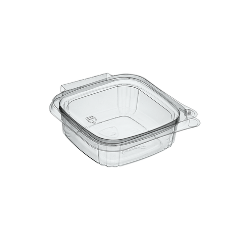 300ml Clear rPET square plastic food storage container with hinged lid on a white background