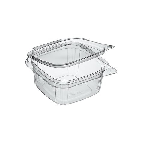 450ml Clear rPET square plastic food storage container with hinged lid on a white background