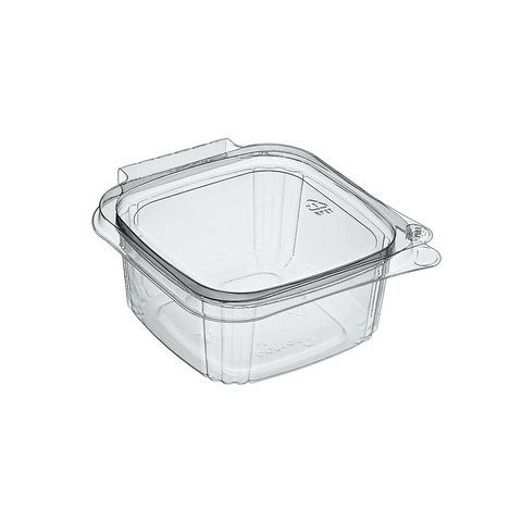 450ml Clear rPET square plastic food storage container with hinged lid on a white background