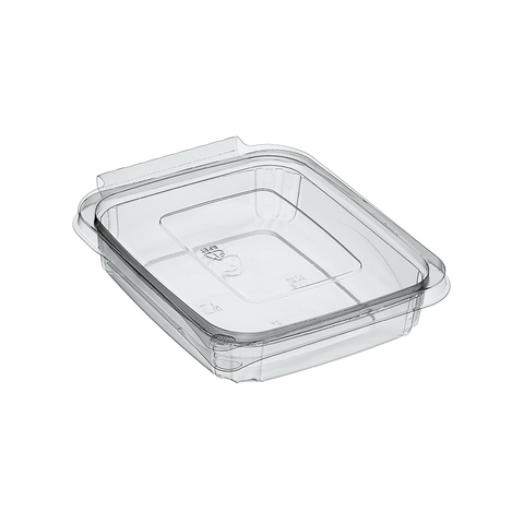 500ml Clear rPET plastic food storage container with hinged lid on a white background