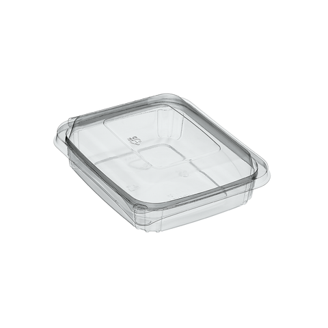 500ml Clear rPET plastic food storage container with raised hinged lid on a white background