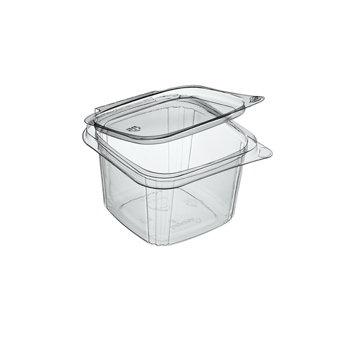 650ml Clear rPET square plastic food storage container with hinged lid on a white background