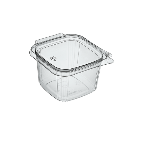 650ml Clear rPET square plastic food storage container with hinged lid on a white background