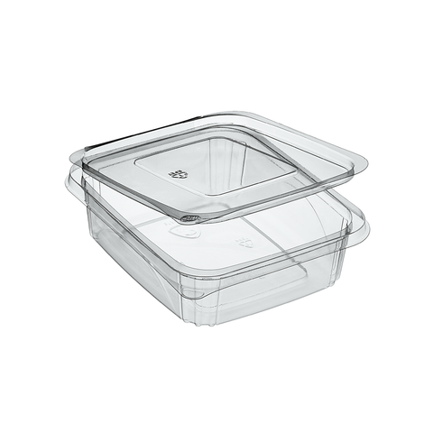 750ml Clear rPET plastic food storage container with hinged lid on a white background