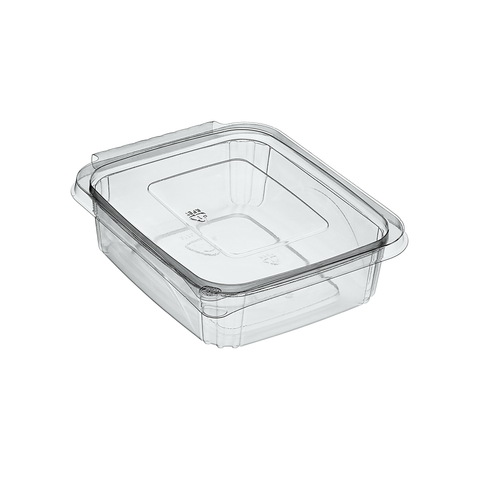 750ml Clear rPET plastic food storage container with hinged lid on a white background