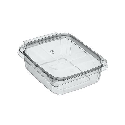 750ml Clear rPET plastic food storage container with raised hinged lid on a white background