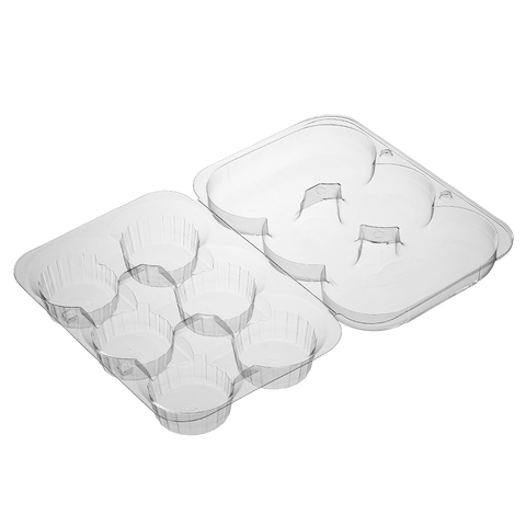 Clear plastic muffin tray with hinged lid for six compartments on a white background