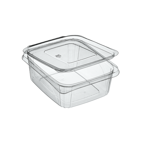 1000ml Clear rPET plastic food storage container with hinged lid on a white background