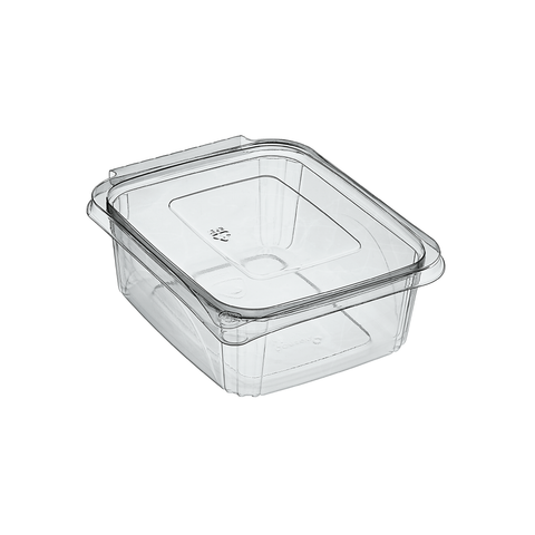 1000ml Clear rPET plastic food storage container with hinged lid on a white background