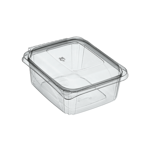 1000ml Clear rPET plastic food storage container with raised hinged lid on a white background