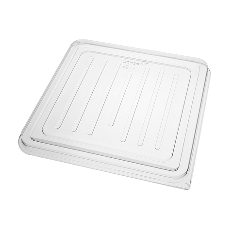 Clear plastic RePlay™ rPET Cake Box Base with brand logo on a white background