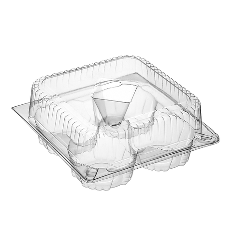 Clear plastic 4-muffin tray on a white background